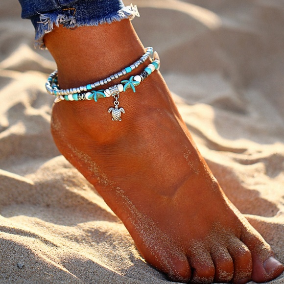 Boho Sea Turtle & Turquoise Starfish Layered Anklet - Picture 1 of 6
